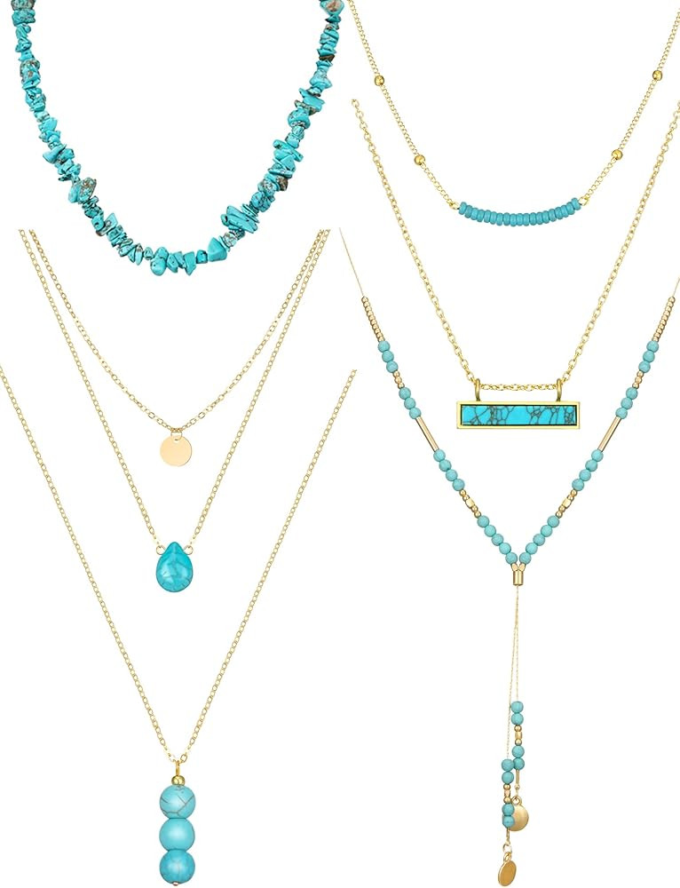 Estune 6 Pcs Boho Necklaces for Women Gold and Turquoise Necklace Suede Choker Western Leather Je... | Amazon (US)