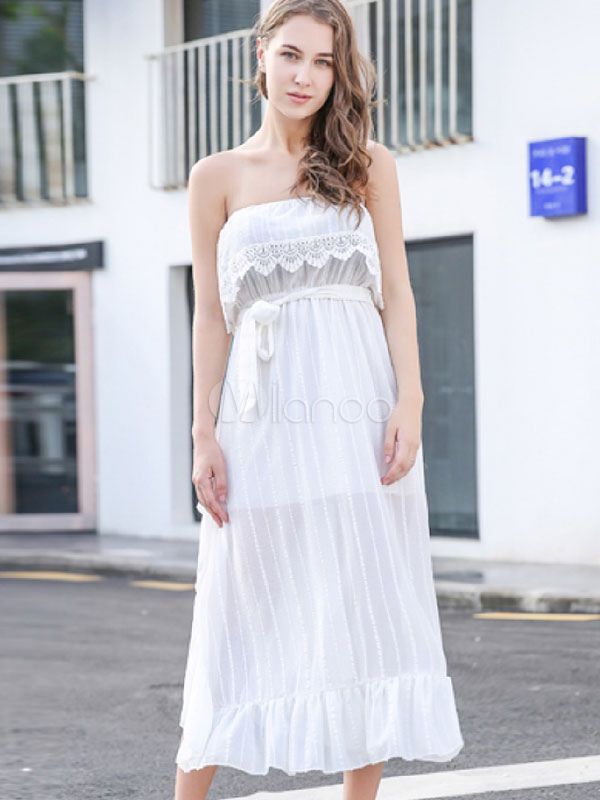 White Long Dress Chiffon Maxi Dress Strapless Sleeveless Women Dress | Milanoo