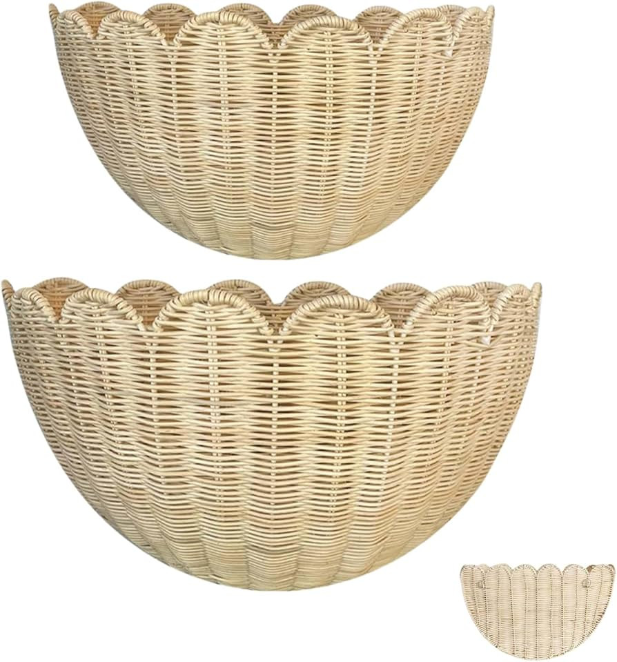 Scalloped Wall Basket,Hand Woven Hanging Wicker Wall Baskets Set, 16 x 10 x 7 & 14 x 8 x 6 Inch S... | Amazon (US)