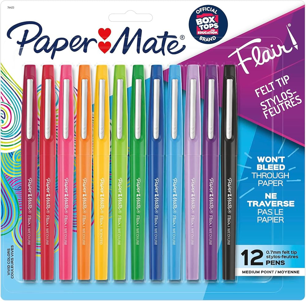 Paper Mate Flair Felt Tip Pens, Medium Point (0.7mm), Assorted Colors, 12 Count | Amazon (US)