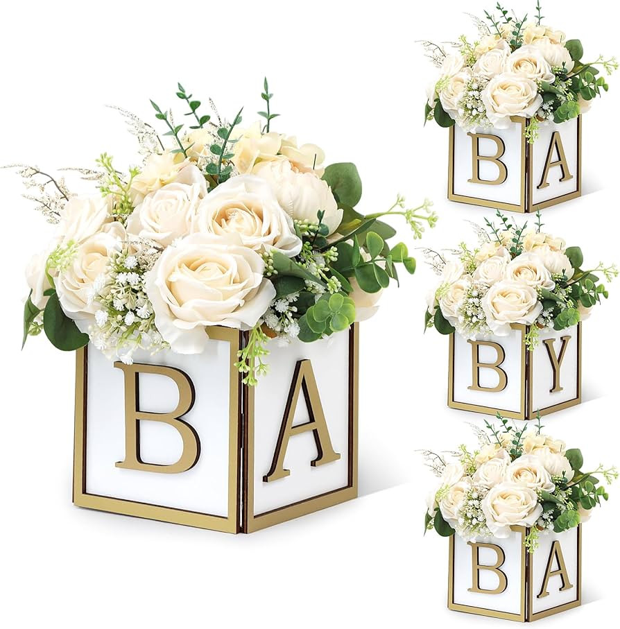 4 Set Baby Shower Centerpieces for Tables - 6 inch Wooden Boxes with Baby Letters Rustic Cube Pla... | Amazon (US)