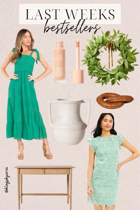 Last weeks bestsellers: tie shoulder maxi dress, elf halo glow, wreath with velvet ribbon, leather links, trophy vase, writing desk, eyelet shift dress

#LTKstyletip #LTKbeauty #LTKhome