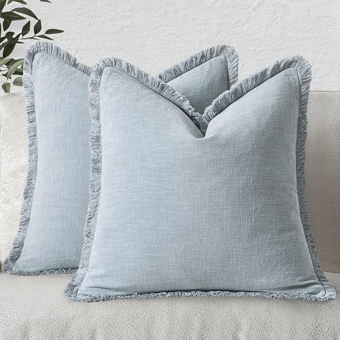 MIULEE Decorative Throw Pillow Covers Neutral Linen Fringe Throw Pillows Set of 2 Sky Blue Boho F... | Amazon (US)