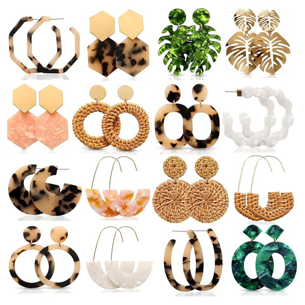 16 Pairs Trendy Acrylic Rattan Earrings for Women-Fashion Statement Earrings Boho Drop Dangle Chr... | Amazon (US)