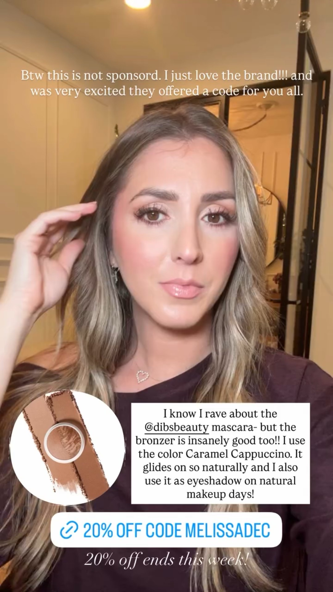 I know I rave about the @dibsbeauty mascara- but the bronzer is insanely good too!! I use the color Caramel Cappuccino. It glides on so naturally and I also use it as eyeshadow on natural makeup days! 20% off ends this week! It’s Btw this is not sponsord. I just love the brand!!! and was very excited they offered a code for you all.