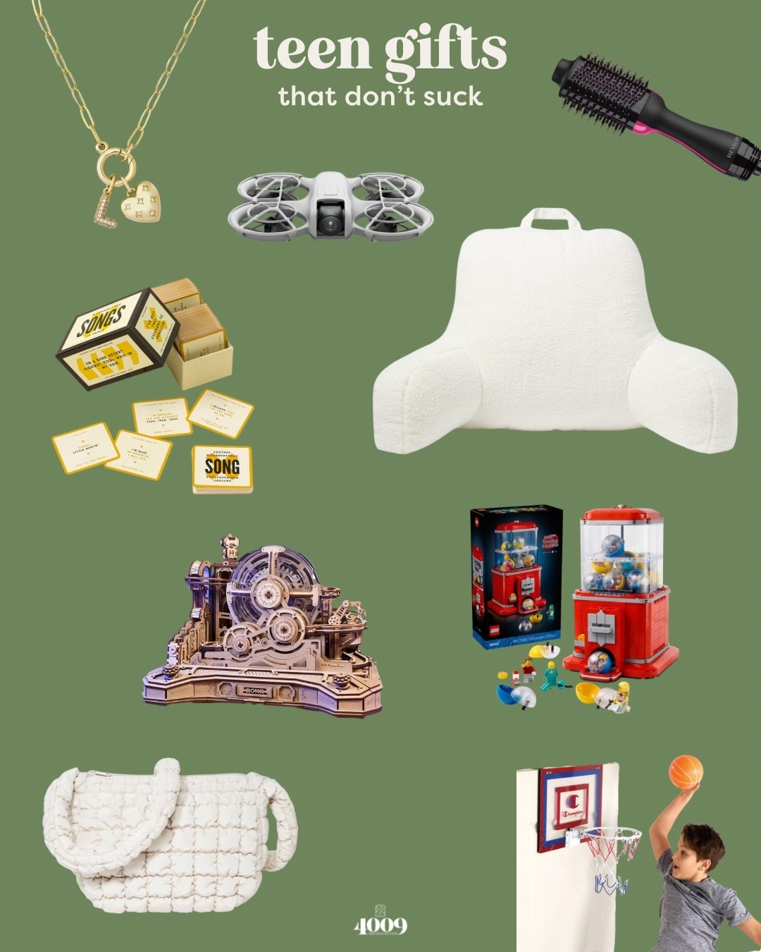 Teens are so hard to shop for! But these gifts are trendy, fun, unique and they won't go in the trash! My teen actually loves the over-the-door basketball hoop SO much!



puffer bag
backrest pillow
card game
initial necklace
follow me drone
air wrap styler & dryer
lego vending machine
DIY 3D wood marble run puzzle