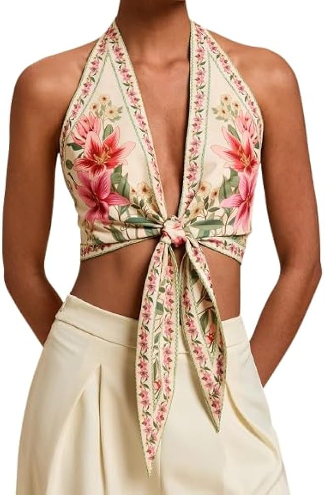 SOLY HUX Women's Floral Print Tie Front Deep V Neck Halter Crop Tops Retro Vacation Summer Vest | Amazon (US)