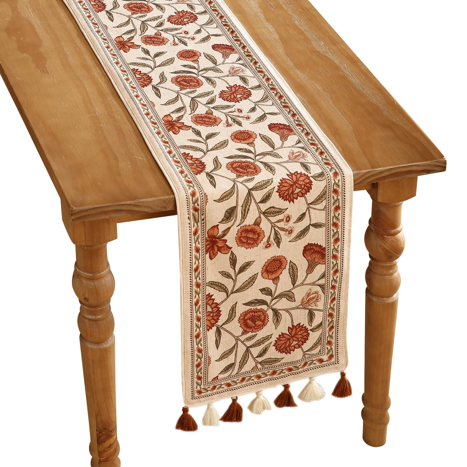 ISAENNE Designer Elegant Linen Table Runner 87 Inches Long,Vintage Orange Floral Pattern Table Ru... | Amazon (US)