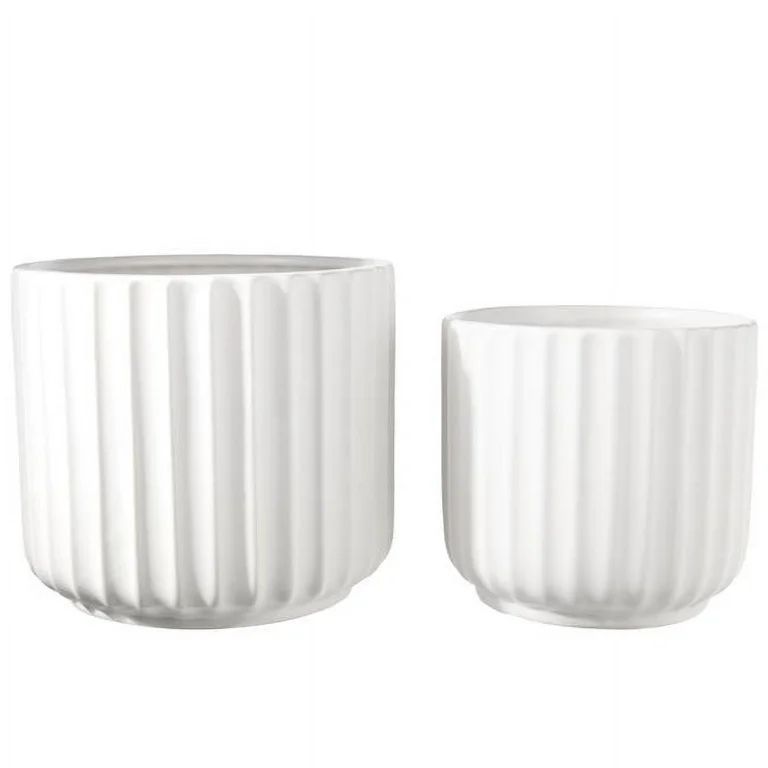 Ceramic Round Pot with Embossed Vertical Ribbed Design Body, Matte White - Set of 2 | Walmart (US)