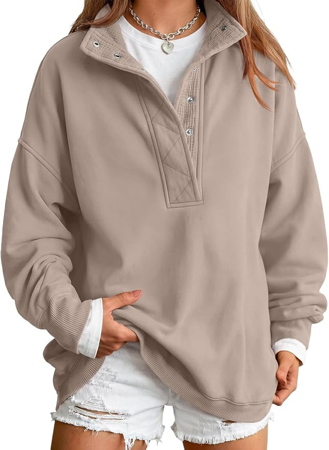 Trendy Queen Womens Oversized Sweatshirts with Snap Button Henley Collar | Soft Fleece Pullover T... | Amazon (US)