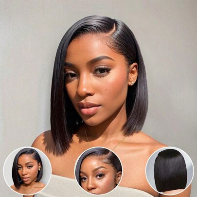 Human Hair Side Part Bob Wig Human Hair Lace Frontal Wig 180% Density Straight Short Bob Wigs For Black Women Deep Side Part Bob Wig Transparent Wigs | SHEIN