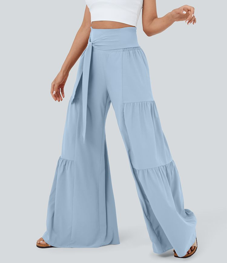 Women’s Breezeful™ High Waisted Shirred Tie Front & Back Wide Leg Flowy Quick Dry Casual Pant... | HALARA