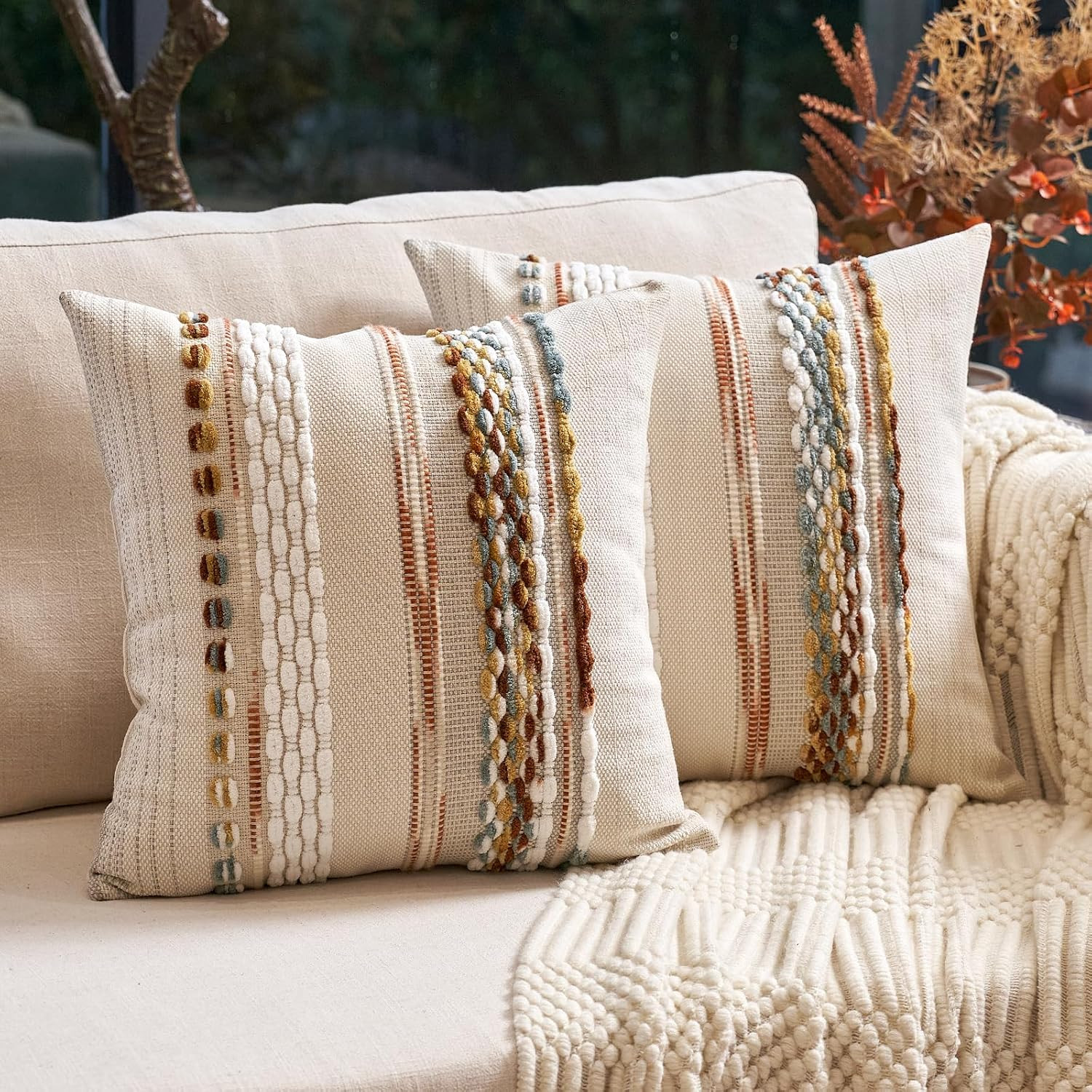 Aeckself Boho Throw Pillow Covers 18x18 Inch Set of 2, Farmhouse Decorative Striped Square Pillow Covers Chenille Tufted Pillow Cases Accent Neutral Pillowcase for Living Room Couch Bed, Orange White | Amazon (US)