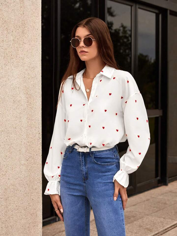 SHEIN Frenchy Heart Print Flounce Sleeve Shirt | SHEIN