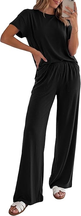 PRETTYGARDEN Women's 2026 Summer 2 Piece Matching Lounge Sets Short Sleeve Shirts Tops Wide Leg P... | Amazon (US)