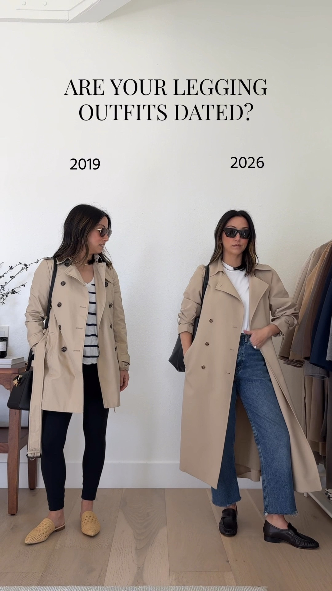 2019 vs. 2026: trench coat and leggings. 

Oak + Fort trench xxs - runs big
Madewell cropped tee, size small—runs true to size; I need the XS.
AGOLDE 90's mid rise crop 25 - cut hems. Size down in these. 
Tony Bianco loafers 5
Mansur Gavriel tote
YSL Sunglasses
Quince earrings
Dorsey James necklace 15"

#LTKmomlife #LTKgrwm #LTKPetite