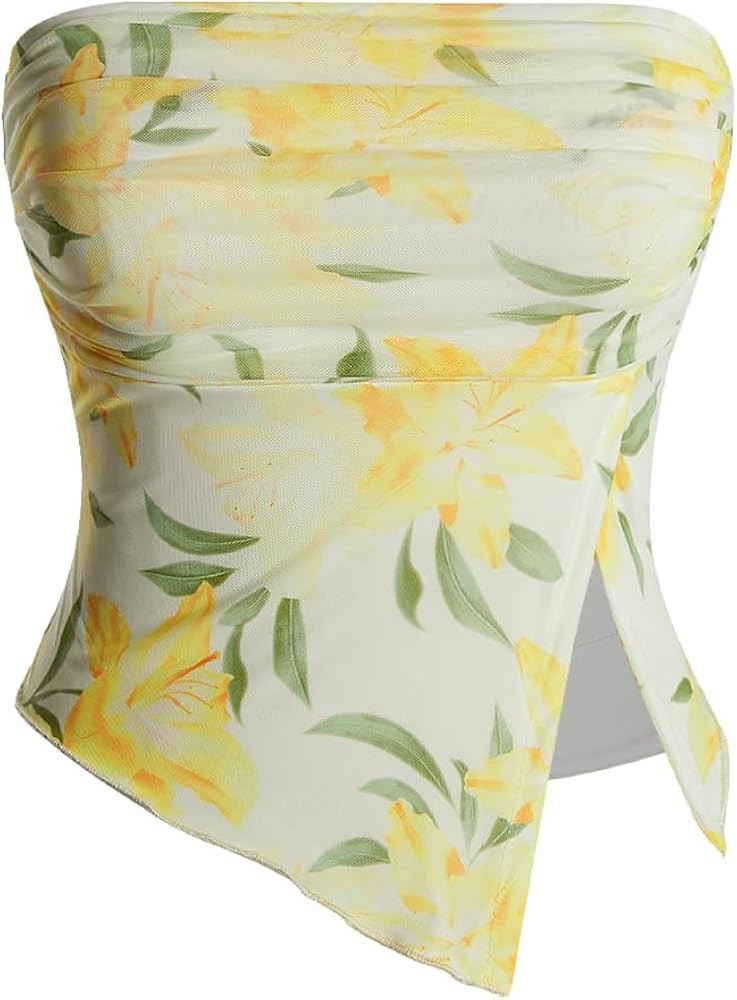 Milumia Women Floral Mesh Strapless Ruched Tube Top Split Hem Sleeveless Bandeau Crop Tops | Amazon (US)