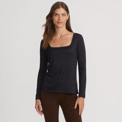 Lands' End Women's Long Sleeve Rib Square Neck Tee - Large - Black Shine | Target