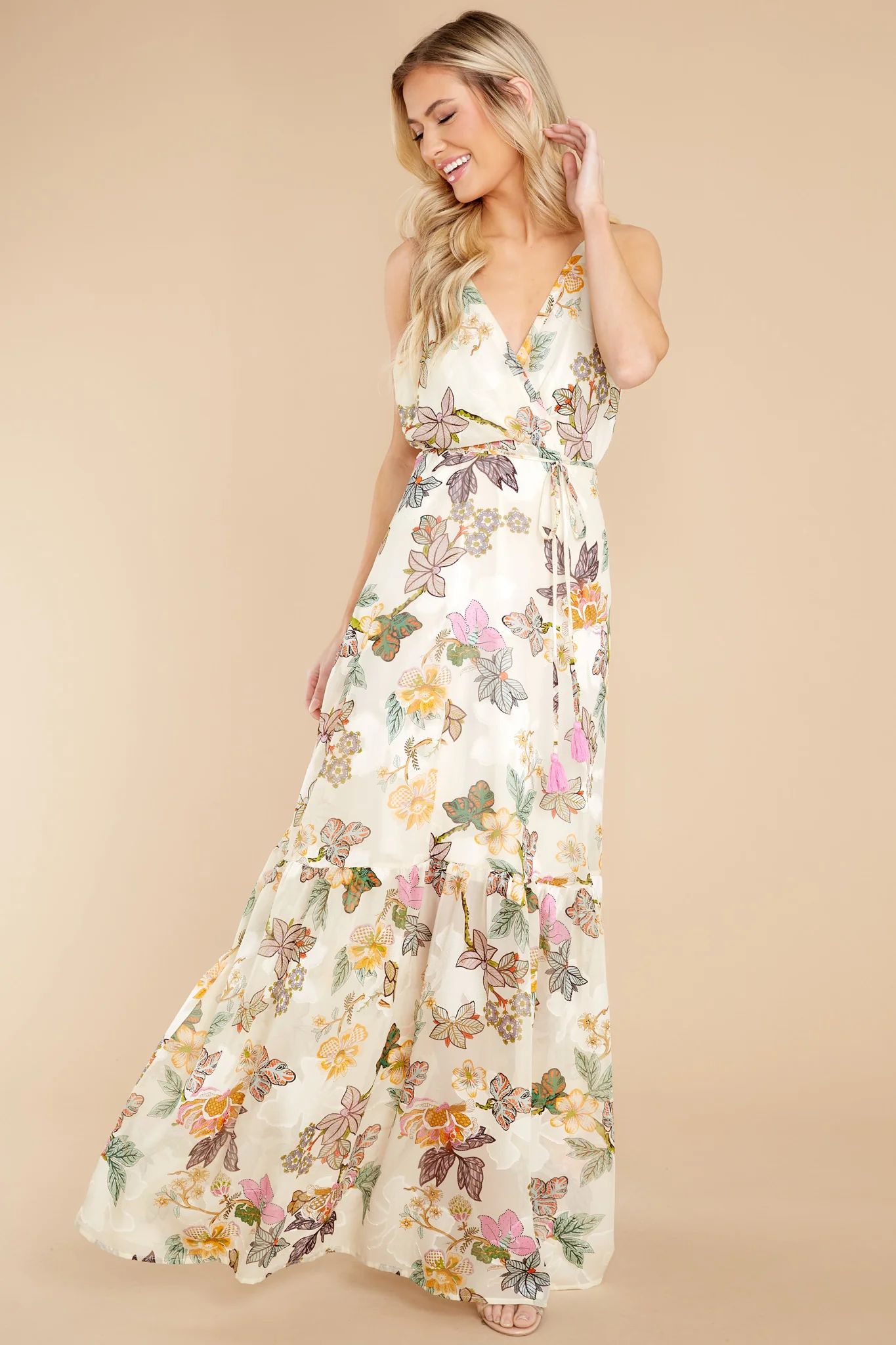 Command The Room Ivory Floral Print Maxi Dress | Red Dress 