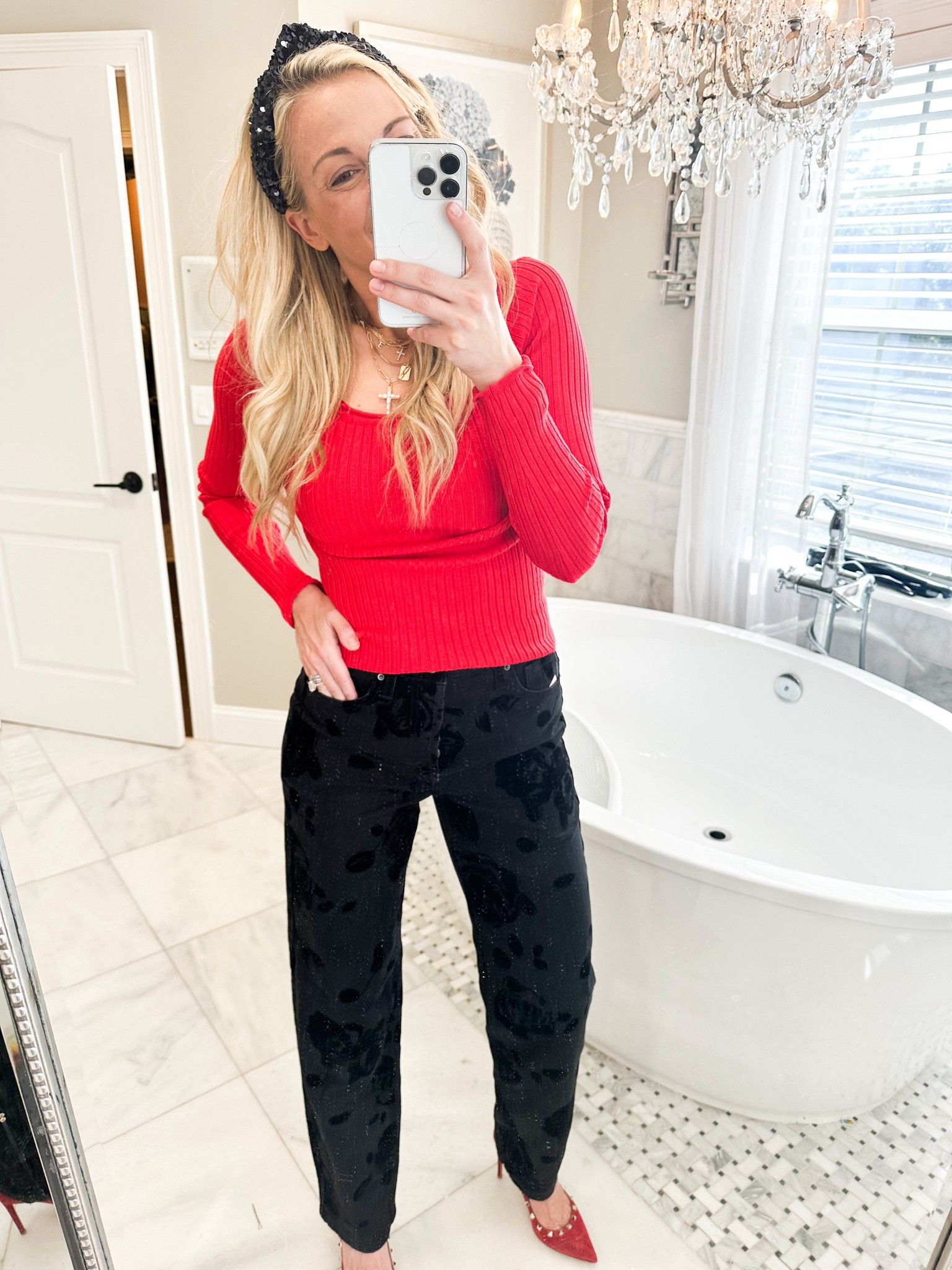This jeans are so unique and can you believe they are from target !? Loving the floral detailing on them ! So subtle yet gives it that pop! I paired it with a red long sleeve top (S) and red matching heels! 

Wearing a size 4 in jeans ! 

#LTKHoliday #LTKStyleTip #LTKSeasonal
