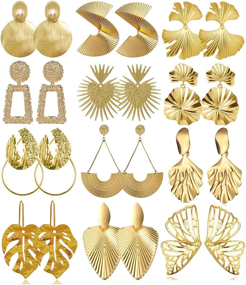 12 Pairs Gold Silver Geometric Earrings Exaggerated Statement Earrings Punk Stylish Sectored Twis... | Amazon (US)