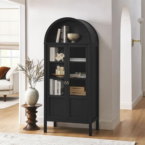 Modway Tessa Arched 71 Inch Tall Arched Storage Display Cabinet in Black Wood Grain - 4-Tier Bookcase with Glass Doors and Shelves - Arch Accent Cabinet for Living Room, Dining Room | Amazon (US)