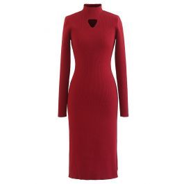 Mock Neck Cutout Knit Midi Dress in Red | Chicwish