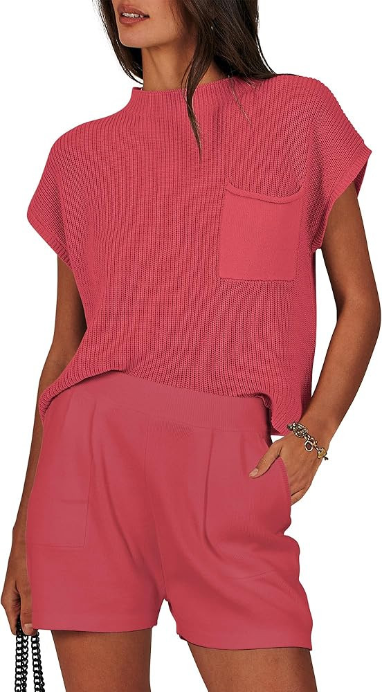 ANRABESS Women's Two Piece Summer Outfits Knit Sweater Short Sets Pullover Tops & Shorts Lounge M... | Amazon (US)