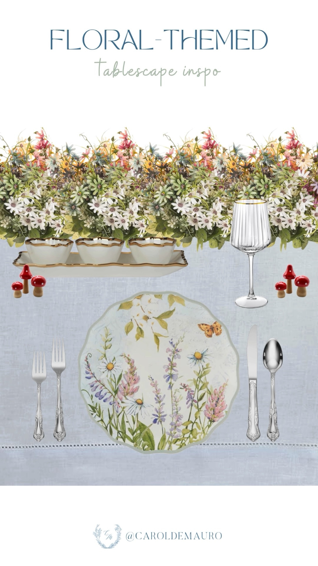 Effortlessly host a dream garden dinner with this gorgeous floral-themed tablescape setup! Simply pair a light blue linen tablecloth with whimsical wildflower plates, elegant ribbed wine glasses, scalloped gold-trimmed serving bowls, and faux wild flowers centerpiece to make your guests feel extra special.

amazon home, floral tablescape, party inspo, decor inspo, hosting hack, table setting, garden party, dinnerware

#LTKHome
