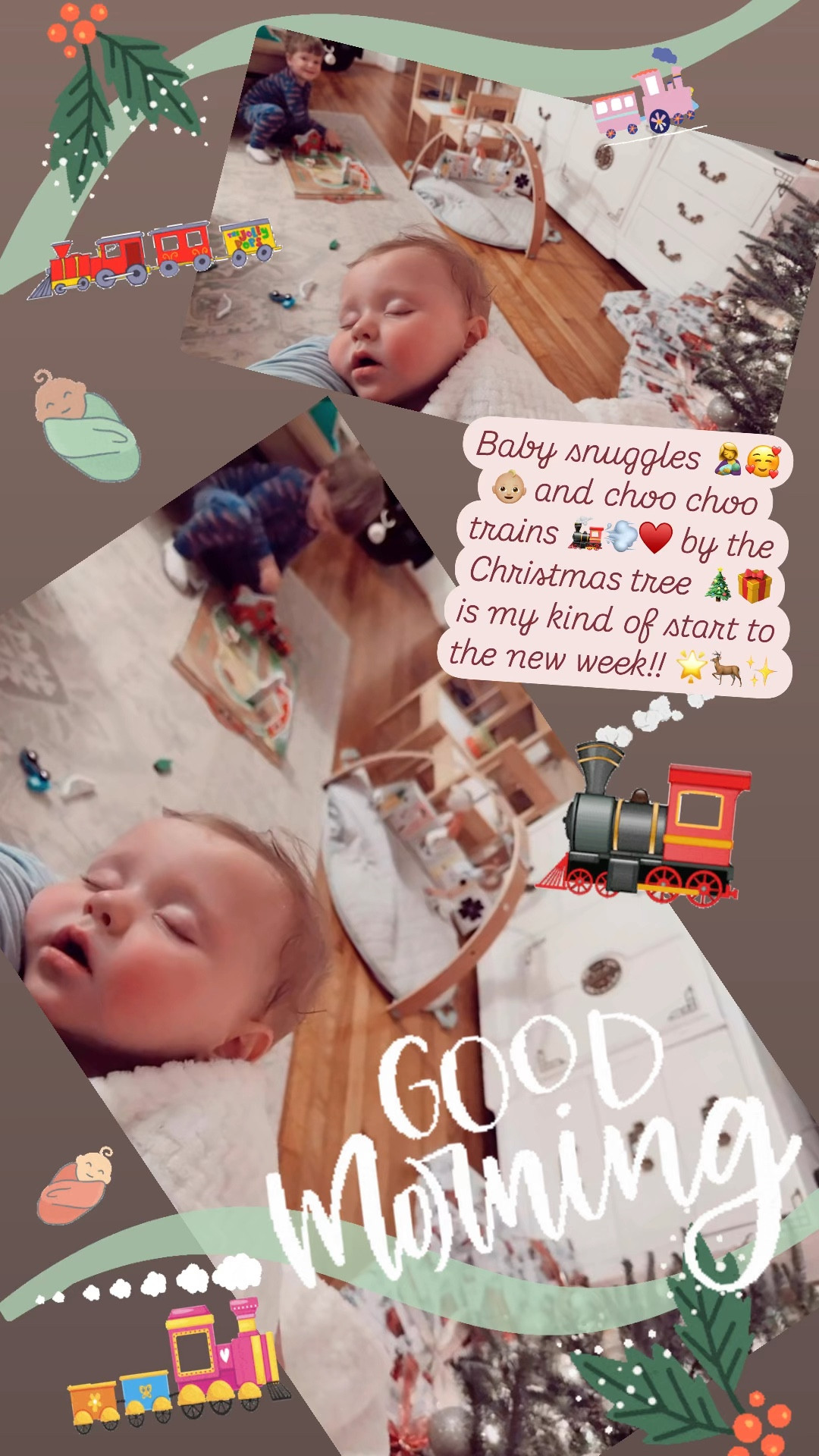 Baby snuggles 🤱🥰👶🏼 and choo choo trains 🚂💨♥️ by the Christmas tree 🎄🎁 is my kind of start to the new week!! 🌟🦌✨ 

#LTKFamily #LTKKids #LTKBaby