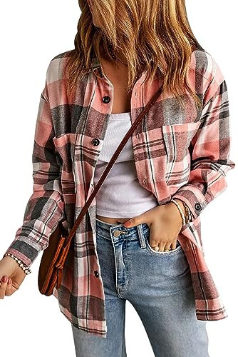 KINLONSAIR Womens Casual Flannel Plaid Shirts Oversized Lightweight Fall Shirt Coat Long Sleeve Button Down Blouse Tops Orange | Amazon (US)