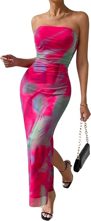 Milumia Women's Summer Tie Dye Strapeless Tube Dress Ruched Bodycon Maxi Dress | Amazon (US)