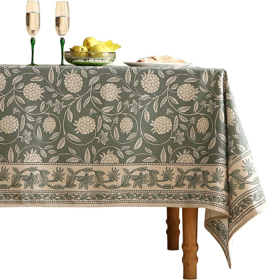 ISAENNE Designer Grayish Green Linen Small Tablecloth Rectangular,Floral Stain Resistant Table Cl... | Amazon (US)