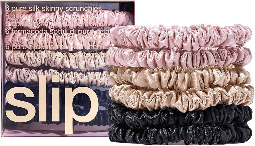 slip Skinny Scrunchies Multi | Set of 6 Pure Silk Skinny Scrunchies | Includes 2 Pink, 2 Caramel,... | Amazon (US)