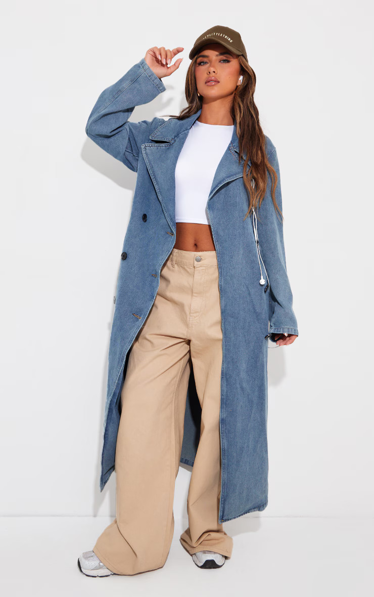Vintage Blue Wash Denim Front Belted Trench Coat | PrettyLittleThing US
