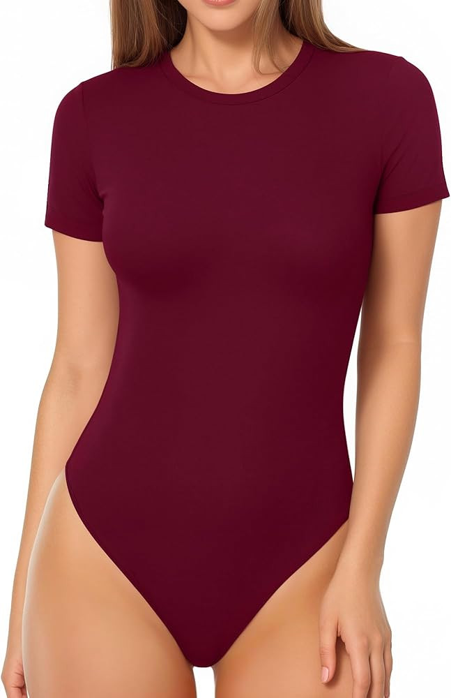 Amazon.com: MANGOPOP Women's Round Neck Short Sleeve Bodysuit T Shirts Basic Body Suit Tops Black... | Amazon (US)