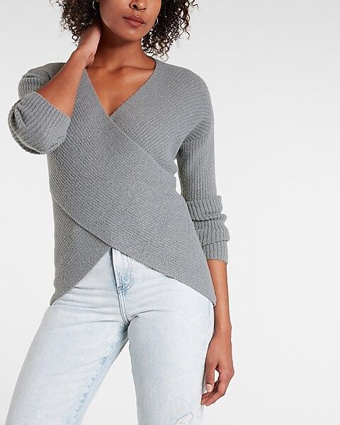 Metallic Ribbed Wrap Front Tunic Sweater | Express