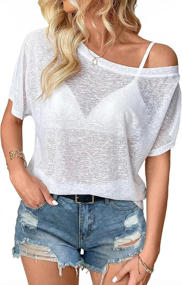 Off The Shoulder Tops for Women Sexy Mesh See Through Short Sleeve Summer Shirt | Amazon (US)