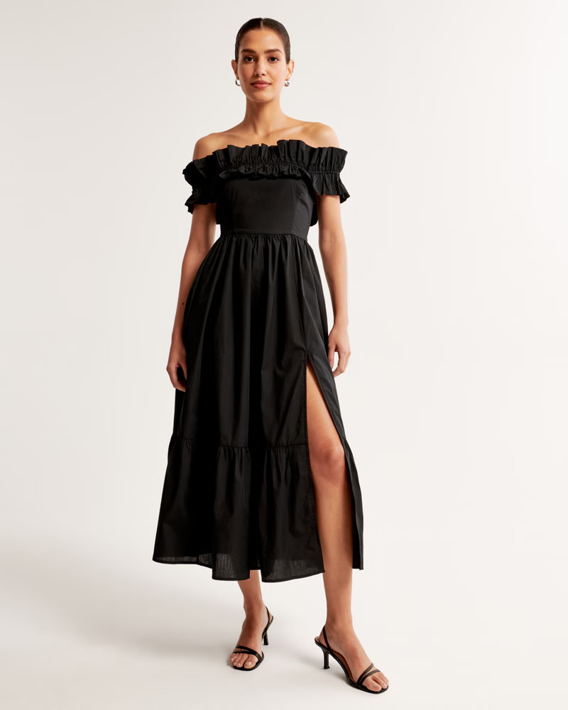 Off-The-Shoulder Ruffle Midi Dress | Abercrombie & Fitch (US)
