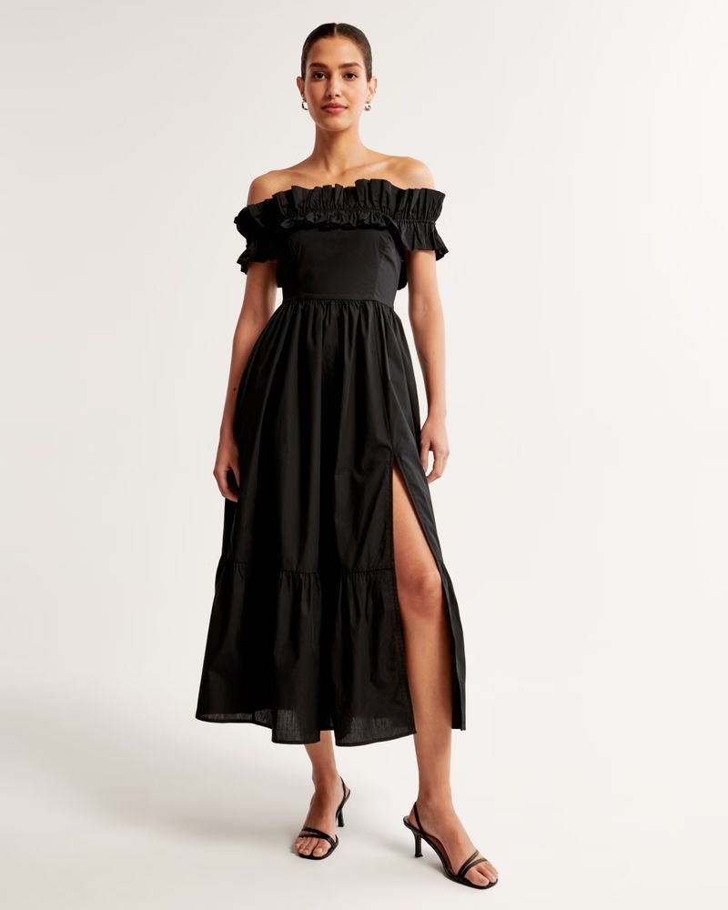 Women's Off-The-Shoulder Ruffle Midi Dress | Women's Dresses & Jumpsuits | Abercrombie.com | Abercrombie & Fitch (US)
