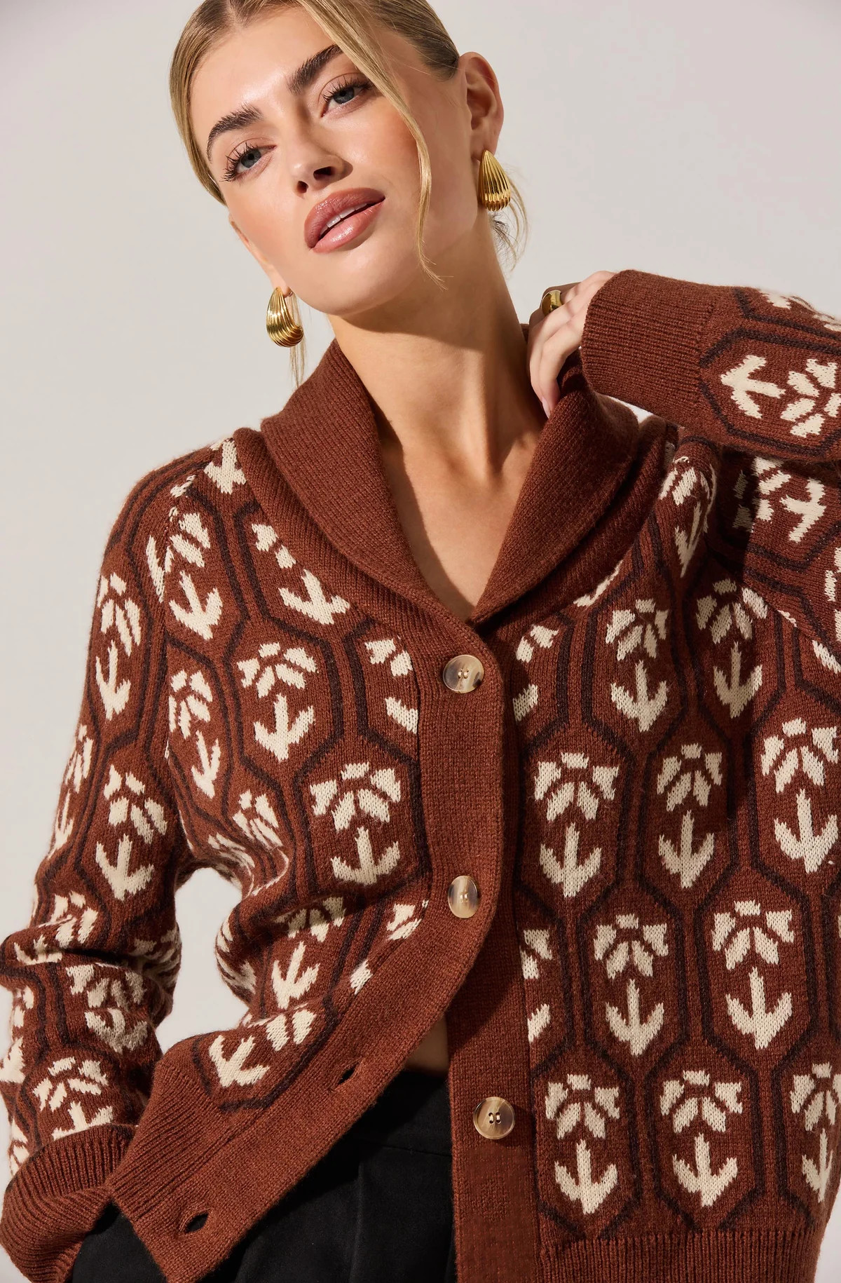 Marcenia Shawl Collar Cardigan - Brown floral / XS | ASTR The Label (US)