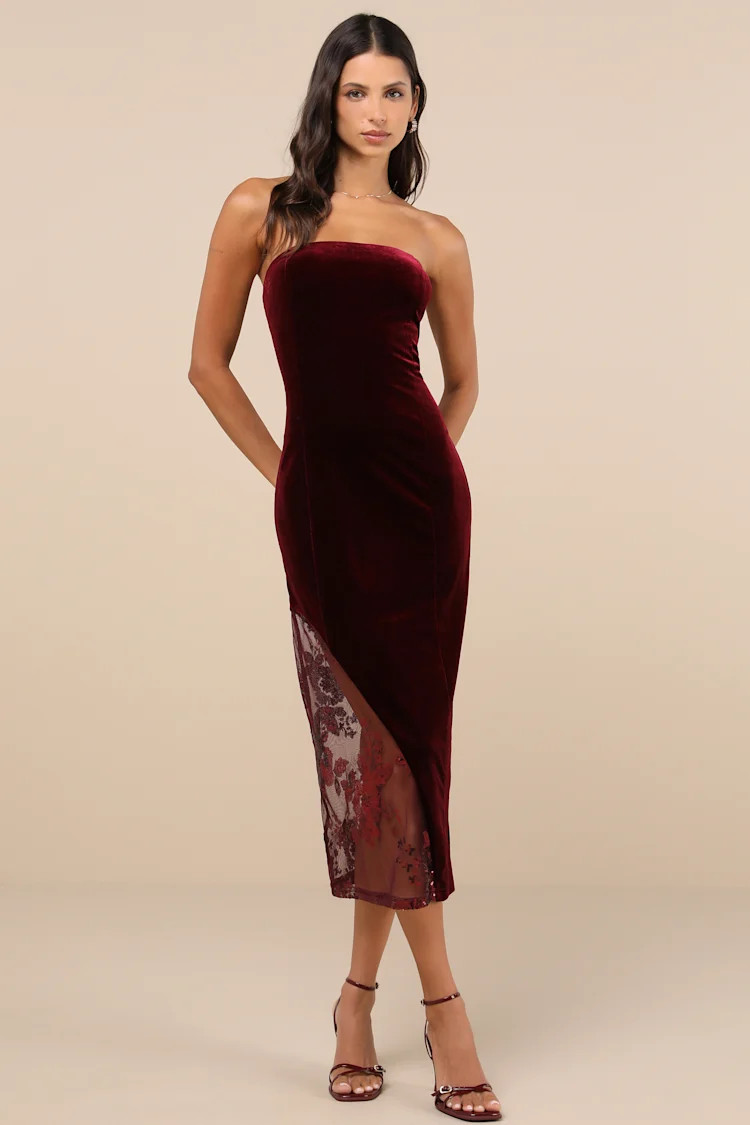 Feeling So Luxe Burgundy Velvet Mesh Sequin Strapless Midi Dress | Lulus