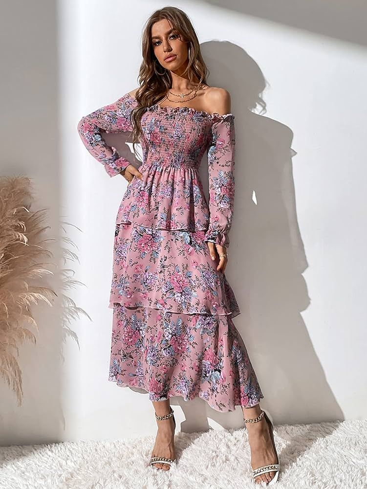 Summer Women's Long Dress Floral Print Off The Shoulder Shirred Hem Dress Long Sleeve Club Party ... | Amazon (CA)