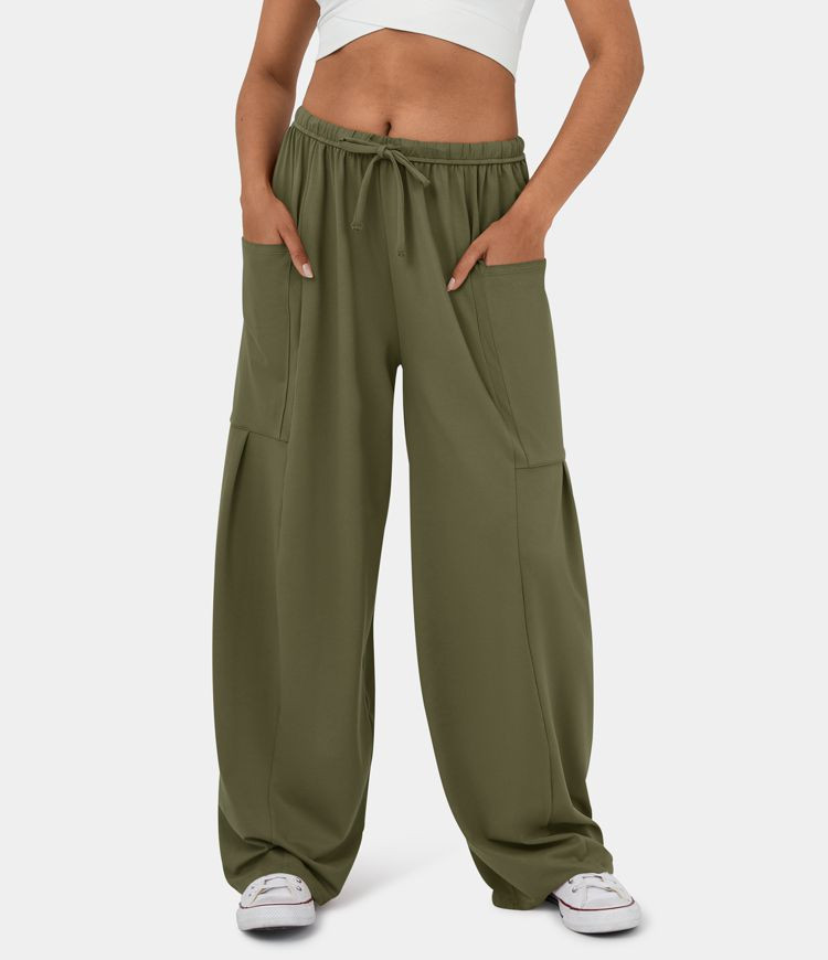 Mid Rise Elastic Waistband Drawstring Side Pocket Palazzo Flowy Wide Leg Casual Pants | HALARA