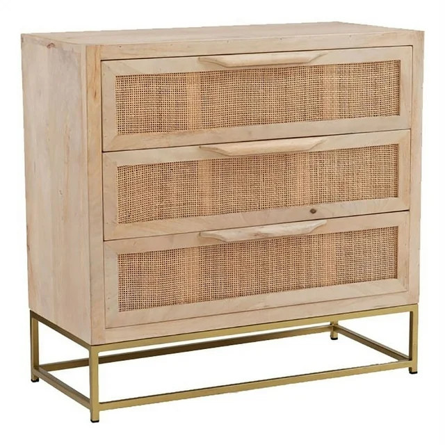 Pemberly Row 3-Drawer Transitional Wood/Metal Cabinet in Natural/Gold | Walmart (US)