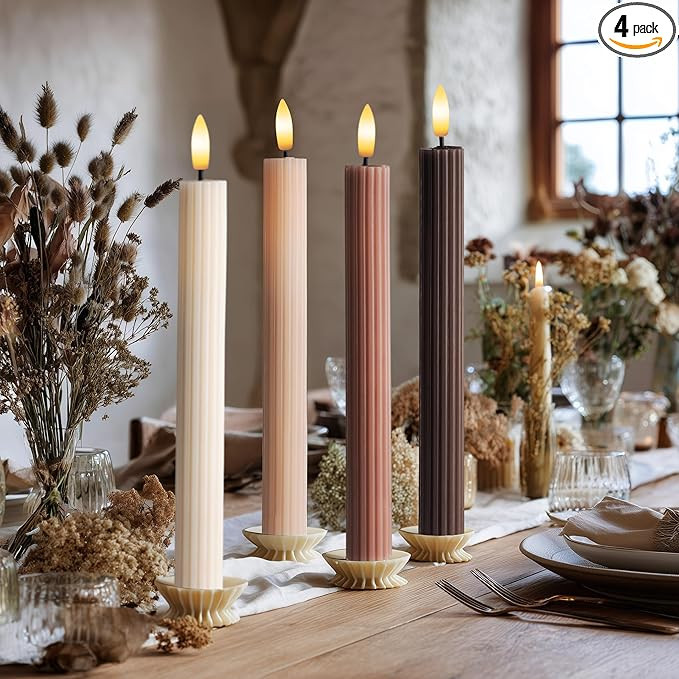 Mocha Brown Coordinated Chocolatey 4 Pack, 10" Real Wax LED Flameless Fluted Ribbed Grooved Taper... | Amazon (US)