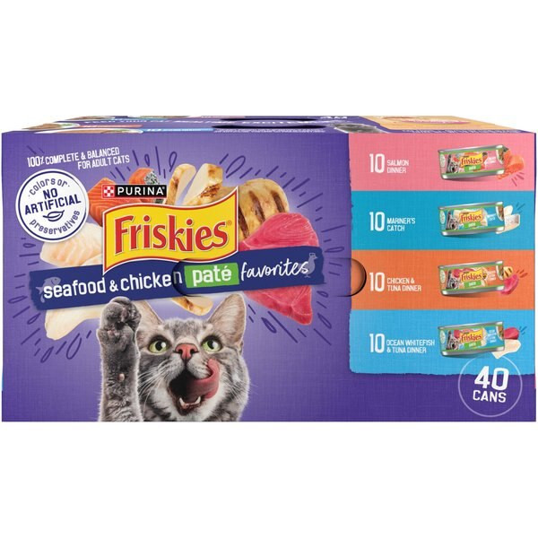 Purina Friskies Seafood & Chicken Pate Favorites Variety Pack Wet Cat Food, 5.5-oz can, case of 4... | Chewy.com