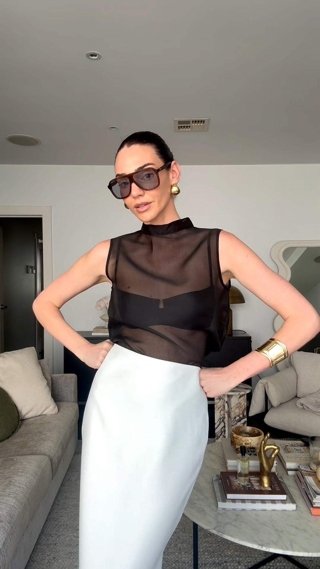 Date night outfit. 
Loving the sheer black top paired with a maxi or mini skirt 

I’ve paired with oh oversized sunglasses and gold accessories for an elevated look. I’ve linked some additional pieces to create a similar look also 

#LTKaustralia #LTKdatenight #LTKspring