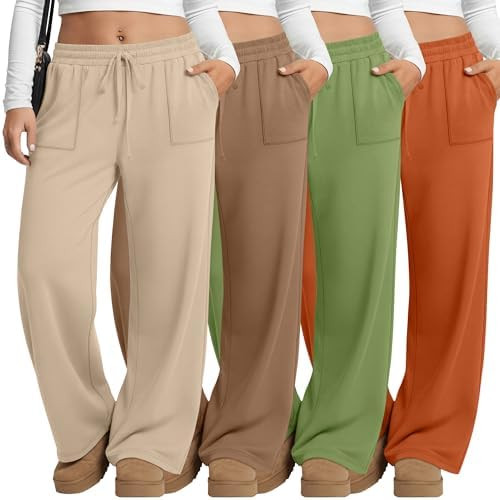 4 Pack Women Plus Size Pants Drawstring Yoga Pants with Pockets Baggy Wide Leg Sweatpants Lounge ... | Amazon (US)
