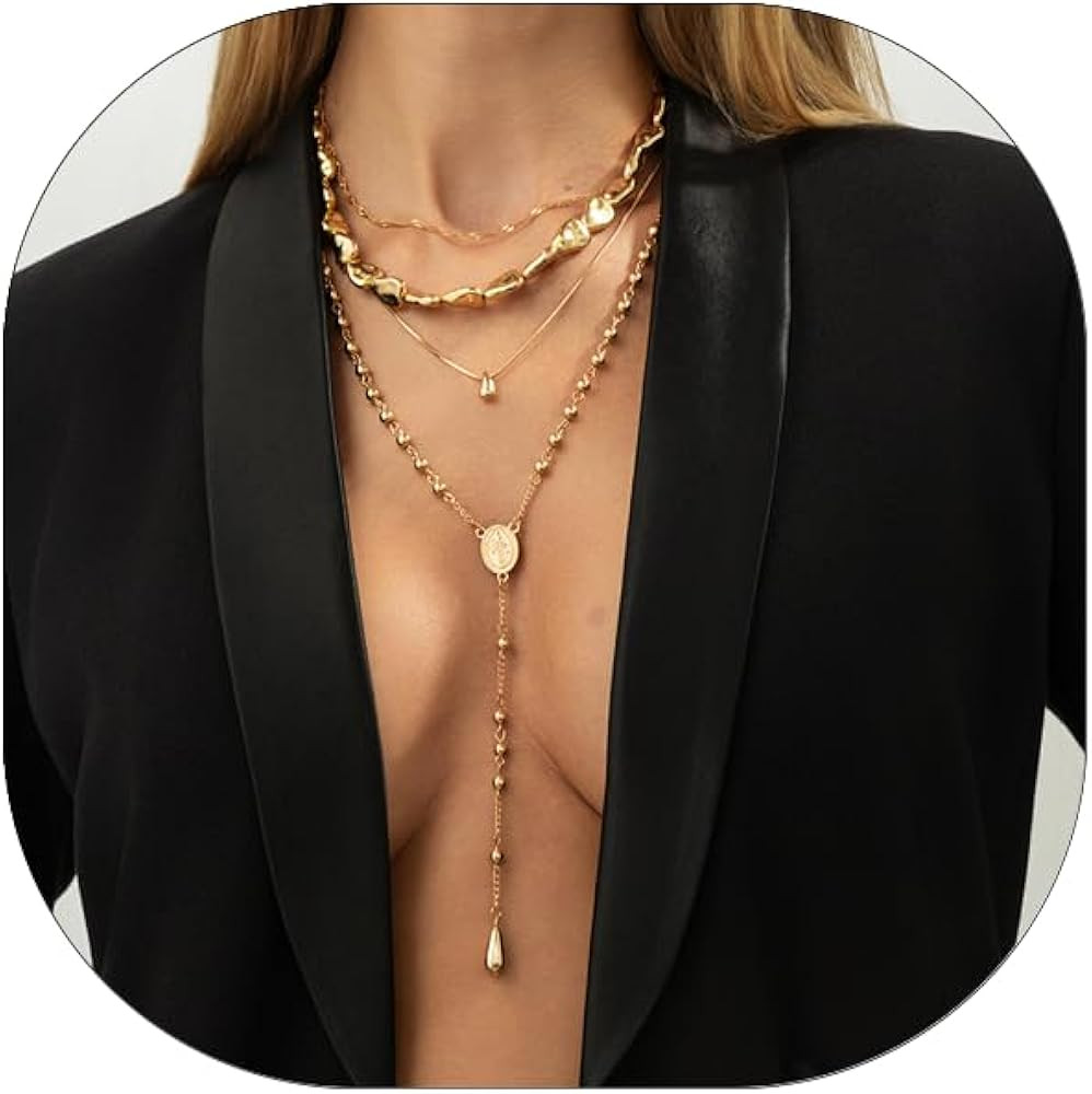 Layered Lariat Long Necklace for Women Trendy Gold Y-Shaped Pendant Necklace Bead Charm Long Neck... | Amazon (US)